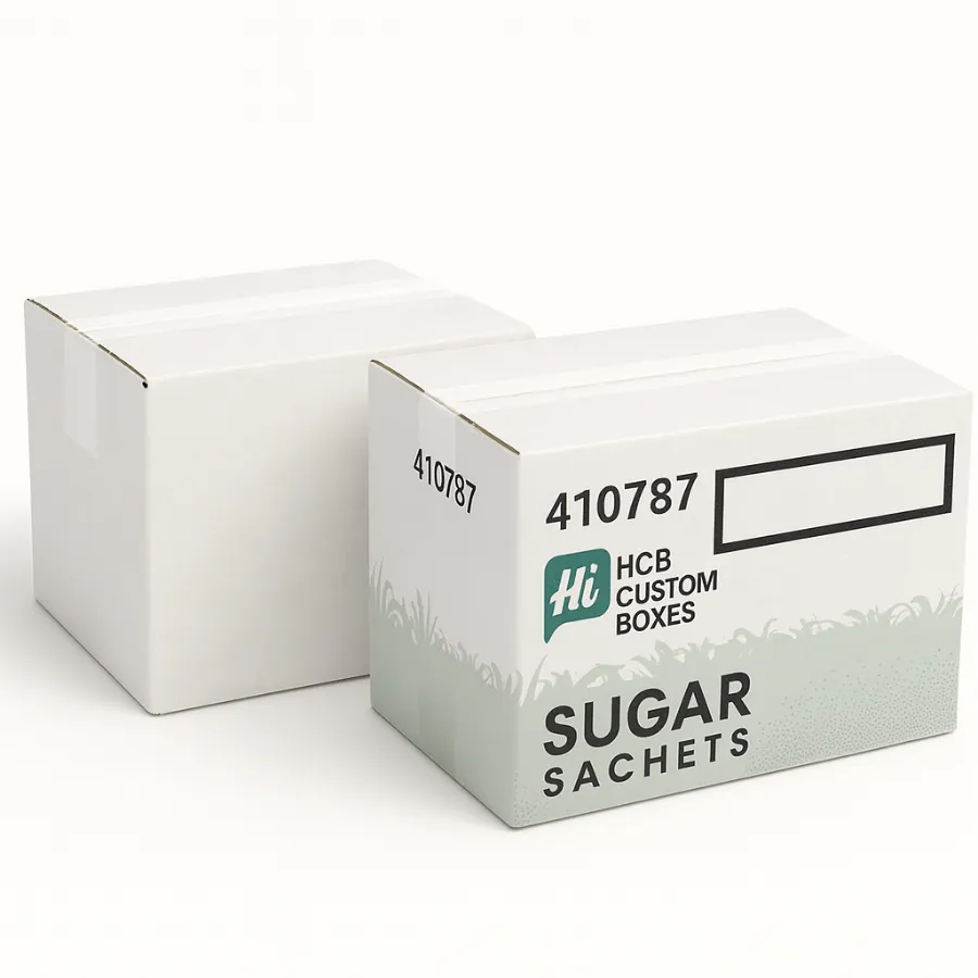 Two sturdy white cardboard cartons for sugar sachets with green grass patterns and printed numbers- class=